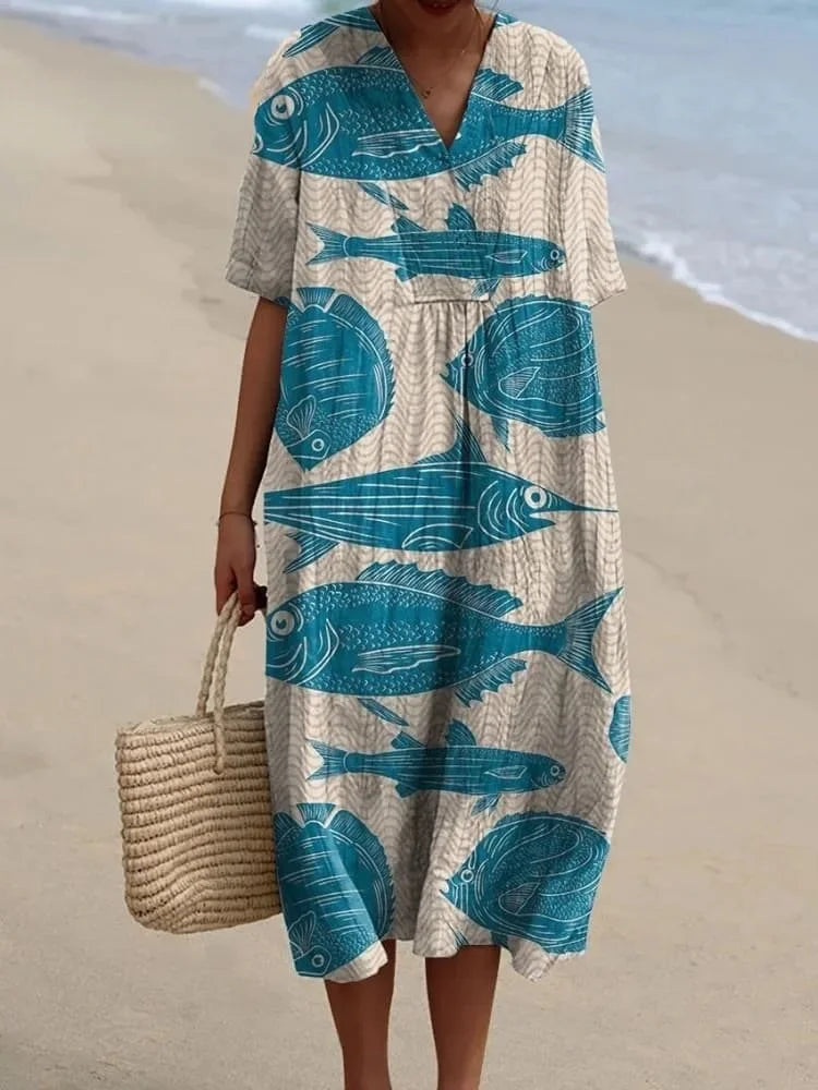 Dames Shirtjurk Korte Mouwen Plus Size Ademend Oceaanmotief Casual Zomerjurkjes 6