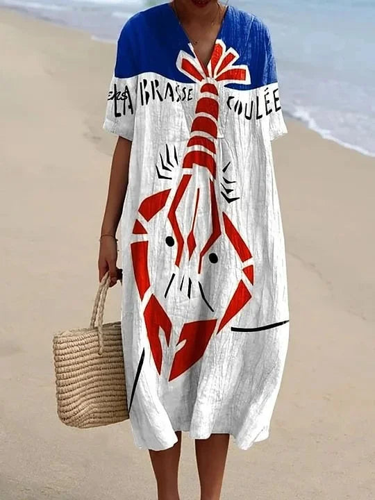 Dames Shirtjurk Korte Mouwen Plus Size Ademend Oceaanmotief Casual Zomerjurkjes 7