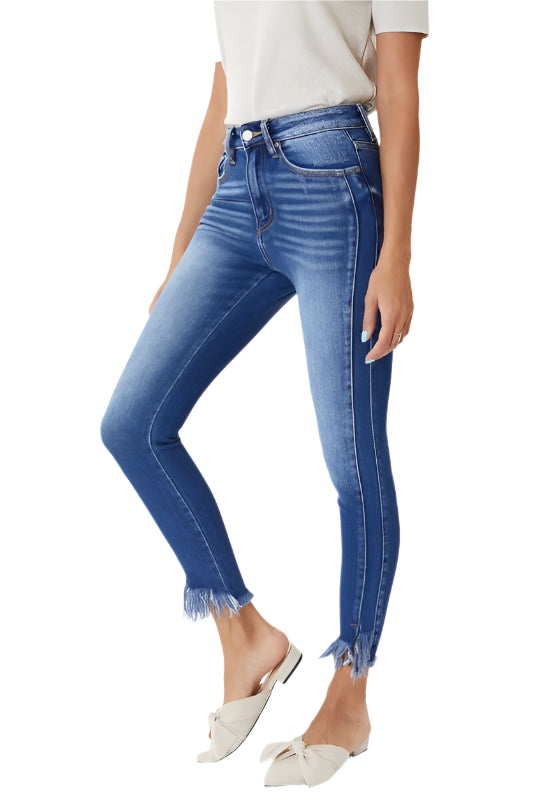 Dames Skinny Jeans Hoge Taille met Hem Detail 0