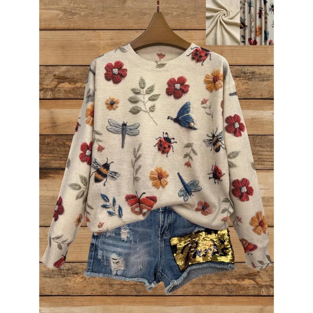 Dames Sweater met Lange Mouwen en Tuinprint 0