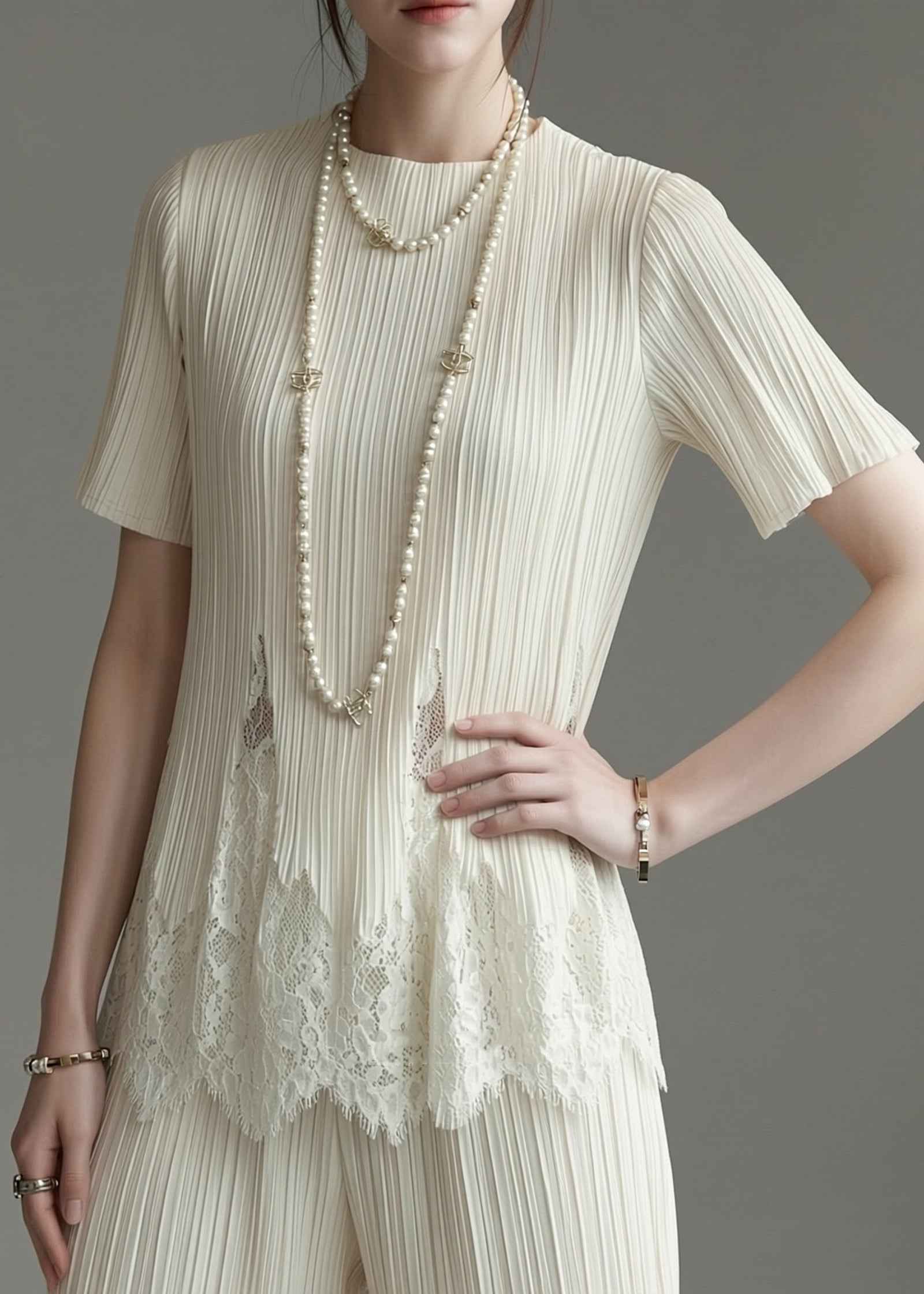 Dames T-shirt O-hals met Kanten Details 2