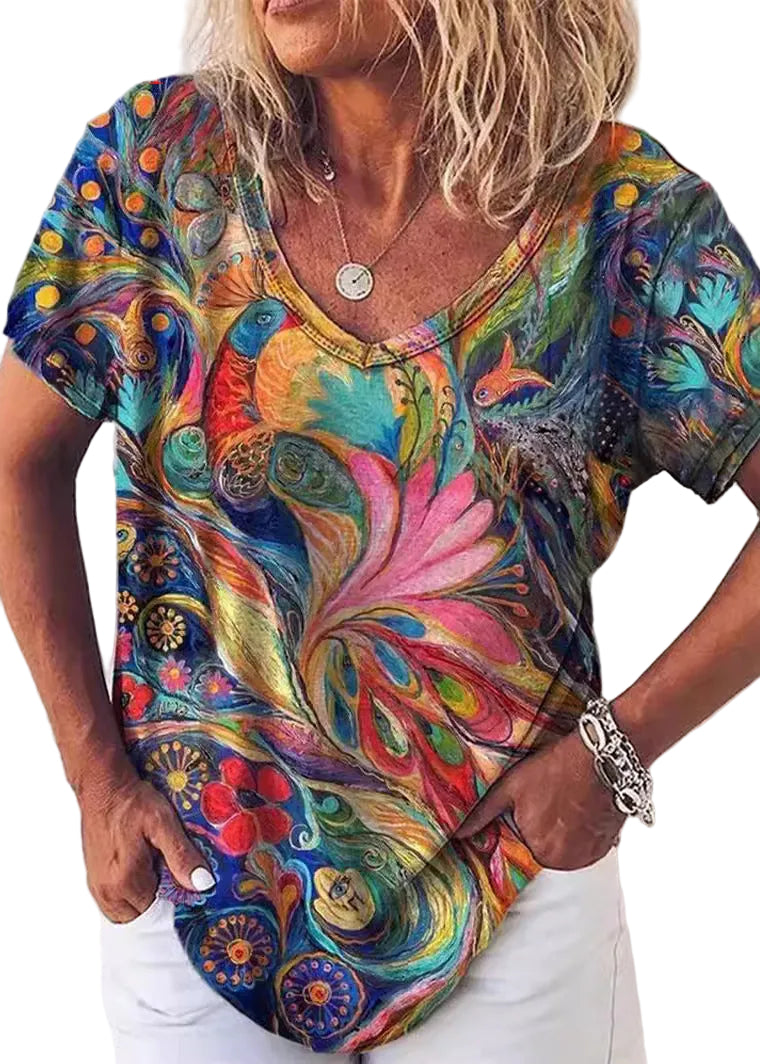 Dames T-shirt met V-hals en Print 0