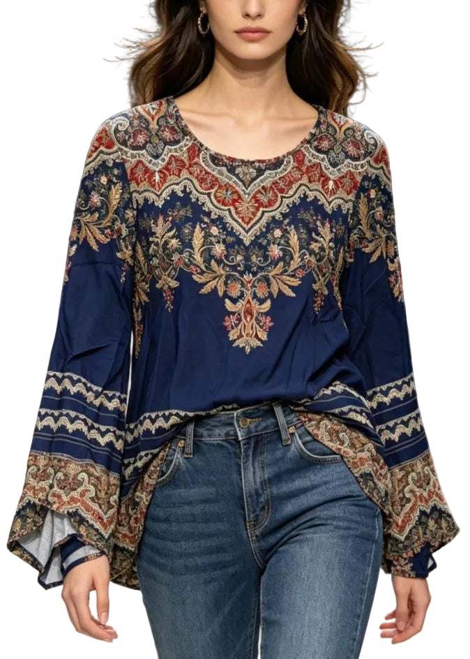 Dames T Shirt Bohemien Stijl Met O-hals En Flare Mouwen 0
