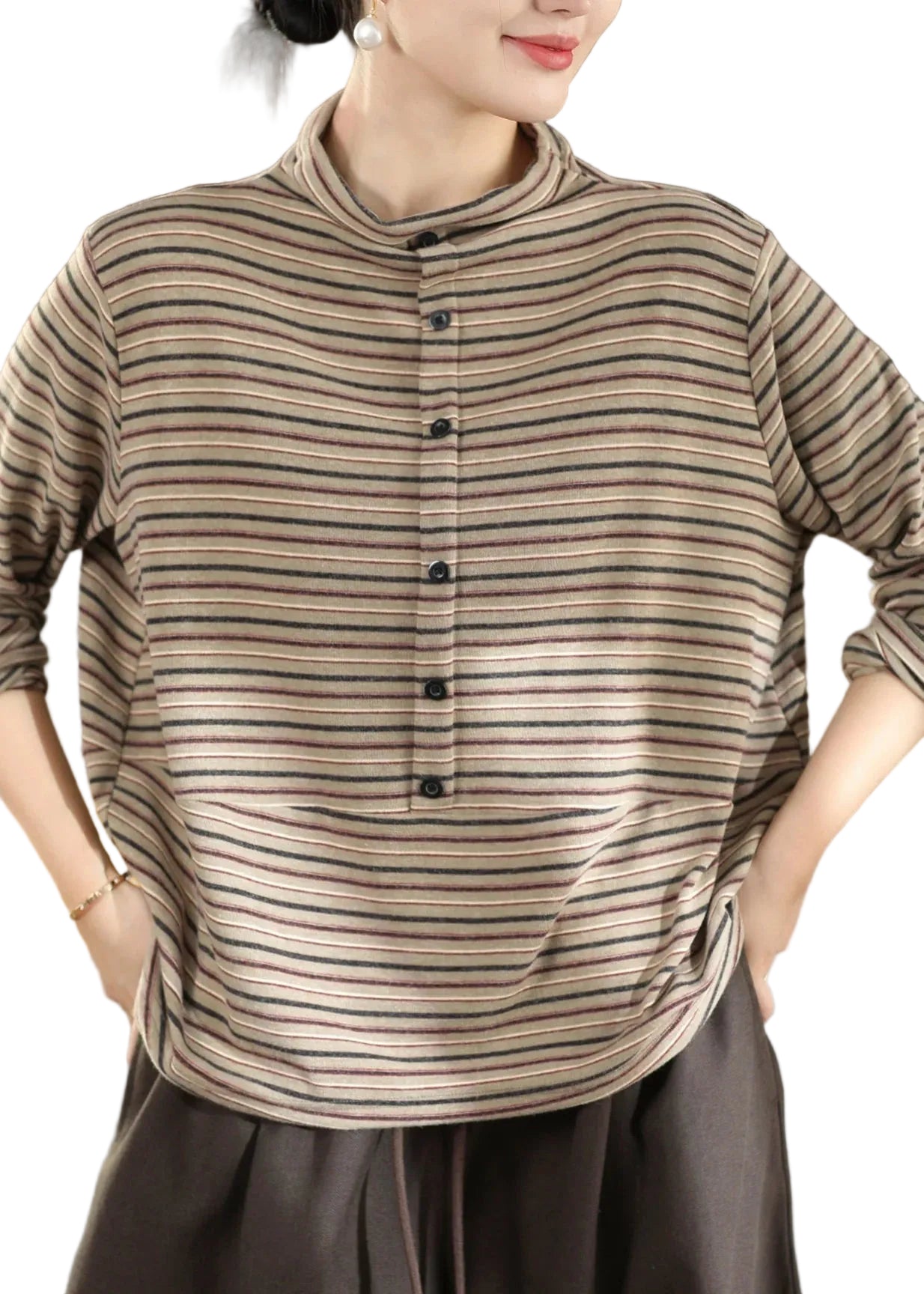Dames Top Hoge Hals Gestreept Casual 0