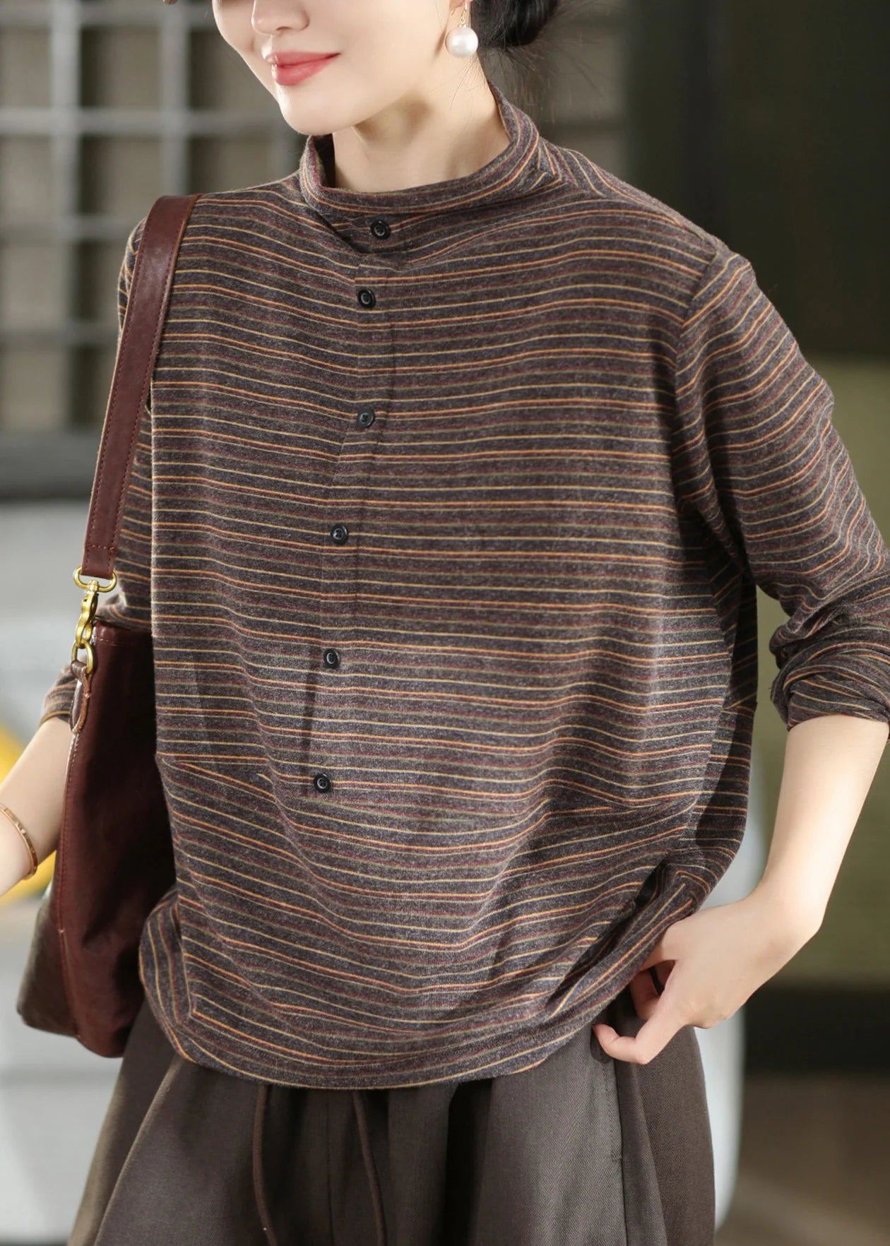 Dames Top Hoge Hals Gestreept Casual 3