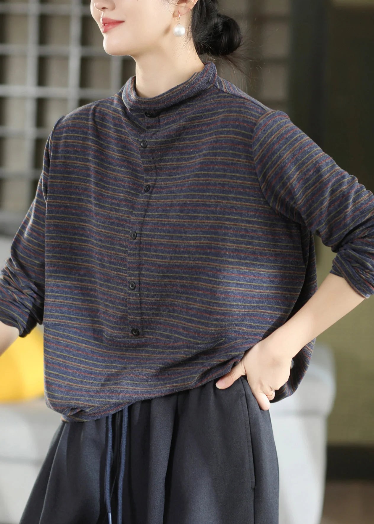 Dames Top Hoge Hals Gestreept Casual 4