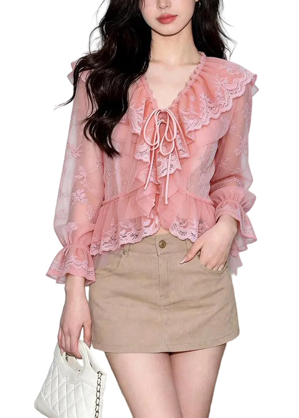 Dames Top Lange Mouwen Gegolfde Patchwork Chiffon 0