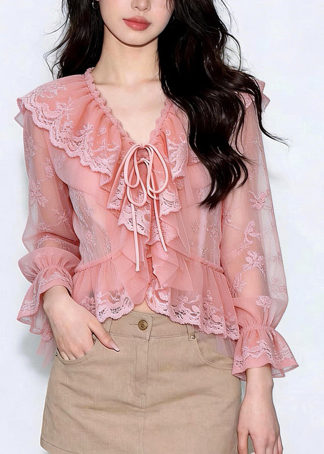 Dames Top Lange Mouwen Gegolfde Patchwork Chiffon 2