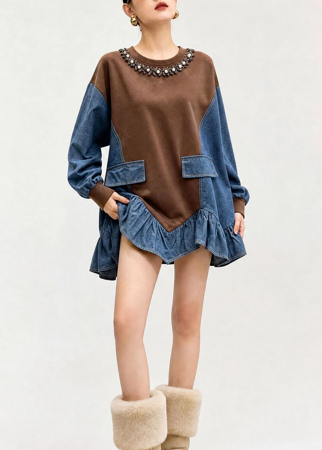 Dames Top O-hals Asymmetrisch Patchwork Denim Herfststijl 3