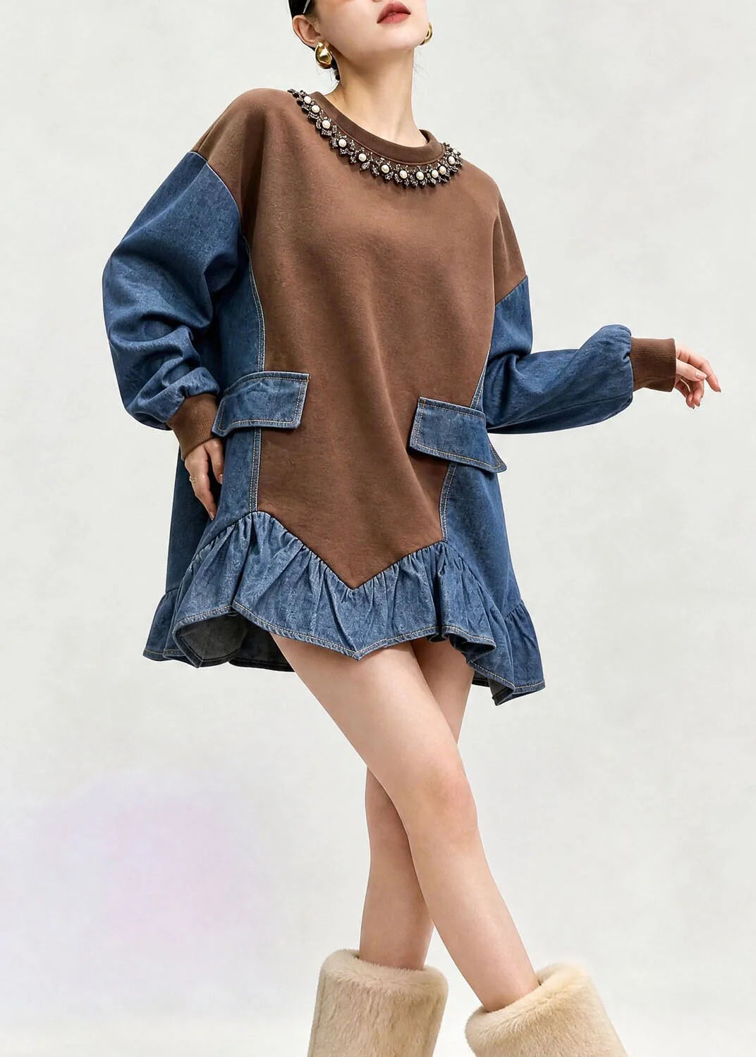 Dames Top O-hals Asymmetrisch Patchwork Denim Herfststijl 4