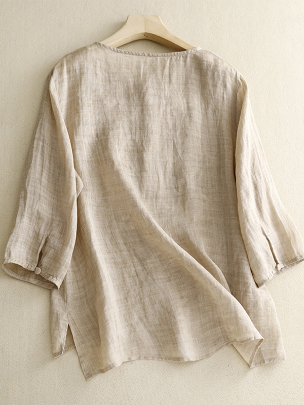 Dames Top Retro Linnen Ronde Hals met Dunne Splits 2
