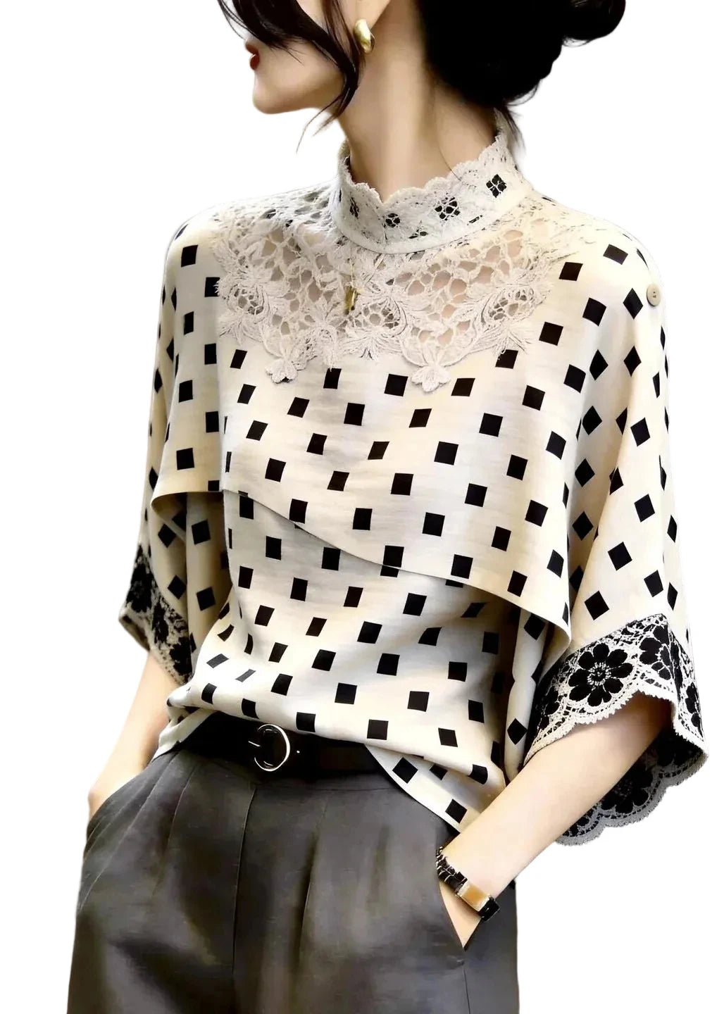 Dames Top met Opstaande Kraag en Geruite Kanten Patchwork 0