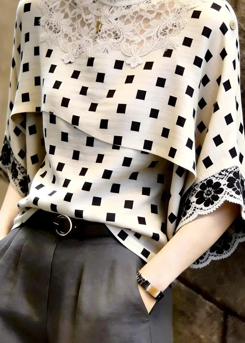 Dames Top met Opstaande Kraag en Geruite Kanten Patchwork 3