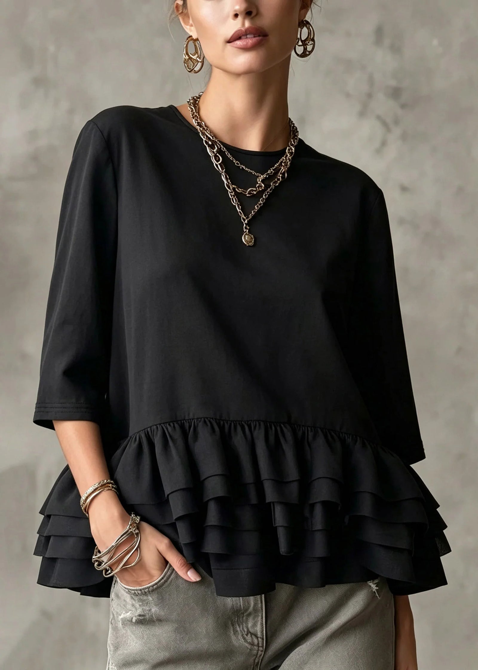 Dames Top met Ruches en Patchwork Driekwart Mouwen 2