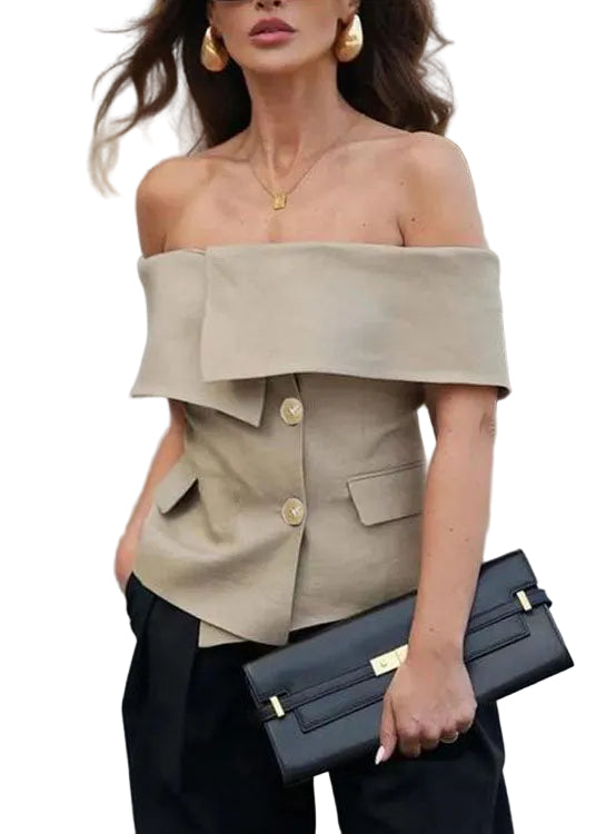 Dames Top met Schuine Hals en Koude Schouderknopen Zomerstijl 0
