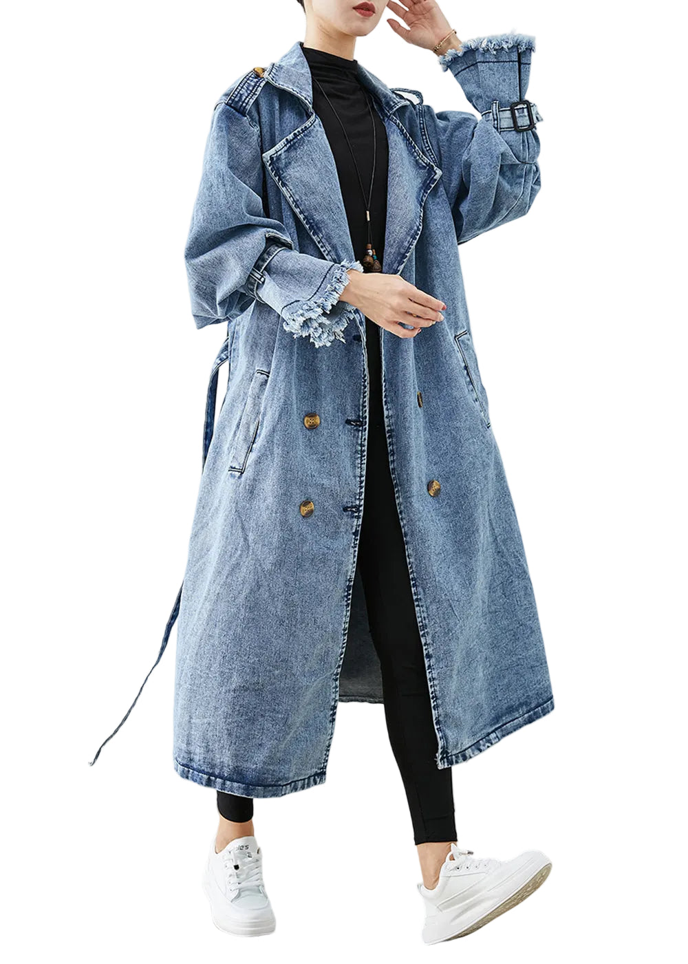 Dames Trenchcoat Lichtblauw met Dubbele Rij Knopen 0