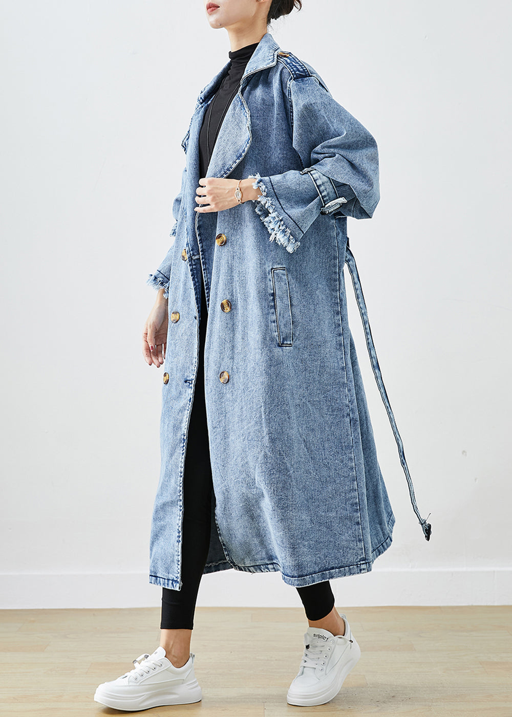 Dames Trenchcoat Lichtblauw met Dubbele Rij Knopen 1