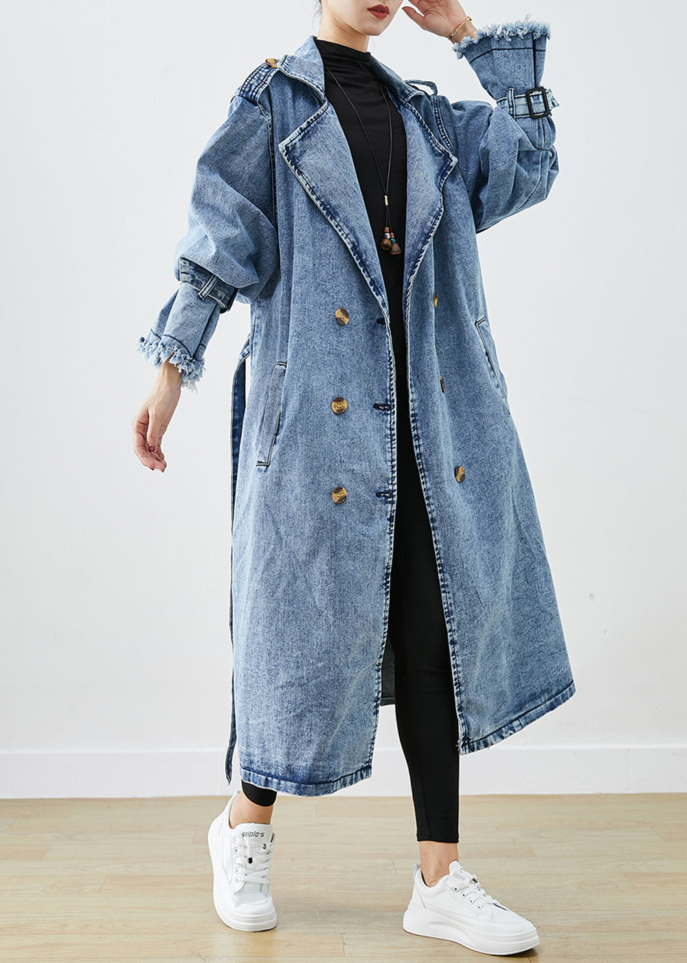 Dames Trenchcoat Lichtblauw met Dubbele Rij Knopen 2