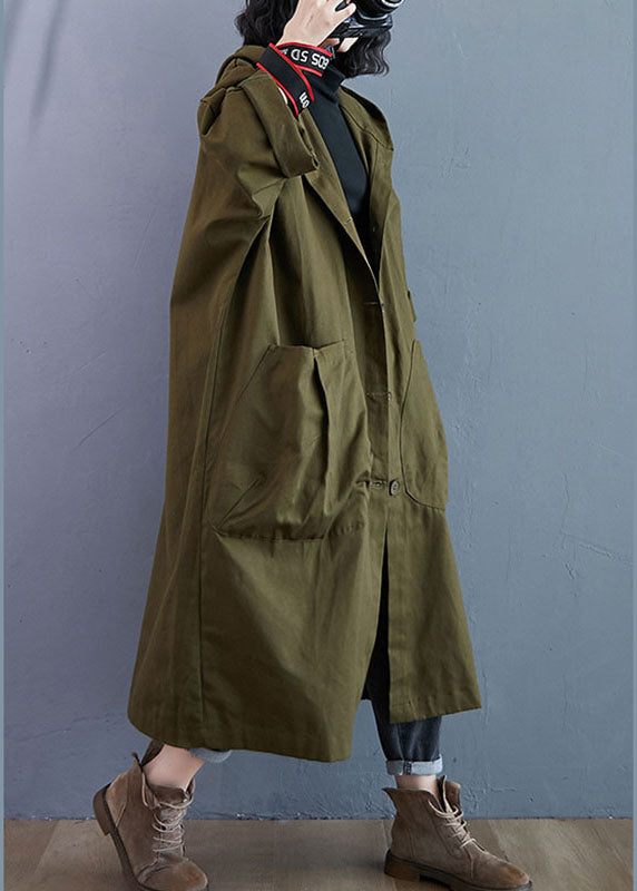Dames Trenchcoat met Kap en Knopen in Legergroen 1