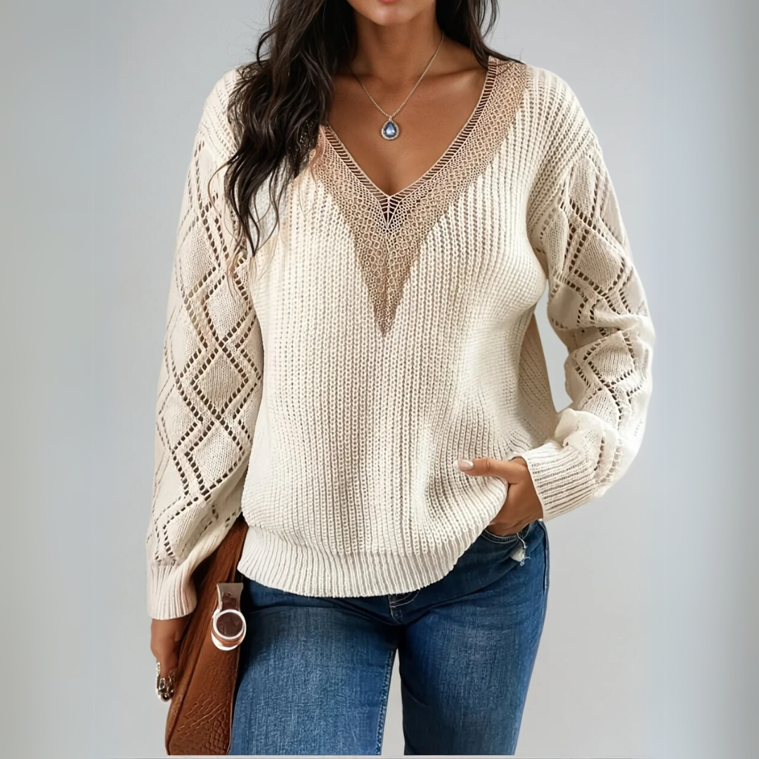 Dames Trui Gebreid V-Hals Met Gedetailleerde Mouwen 2