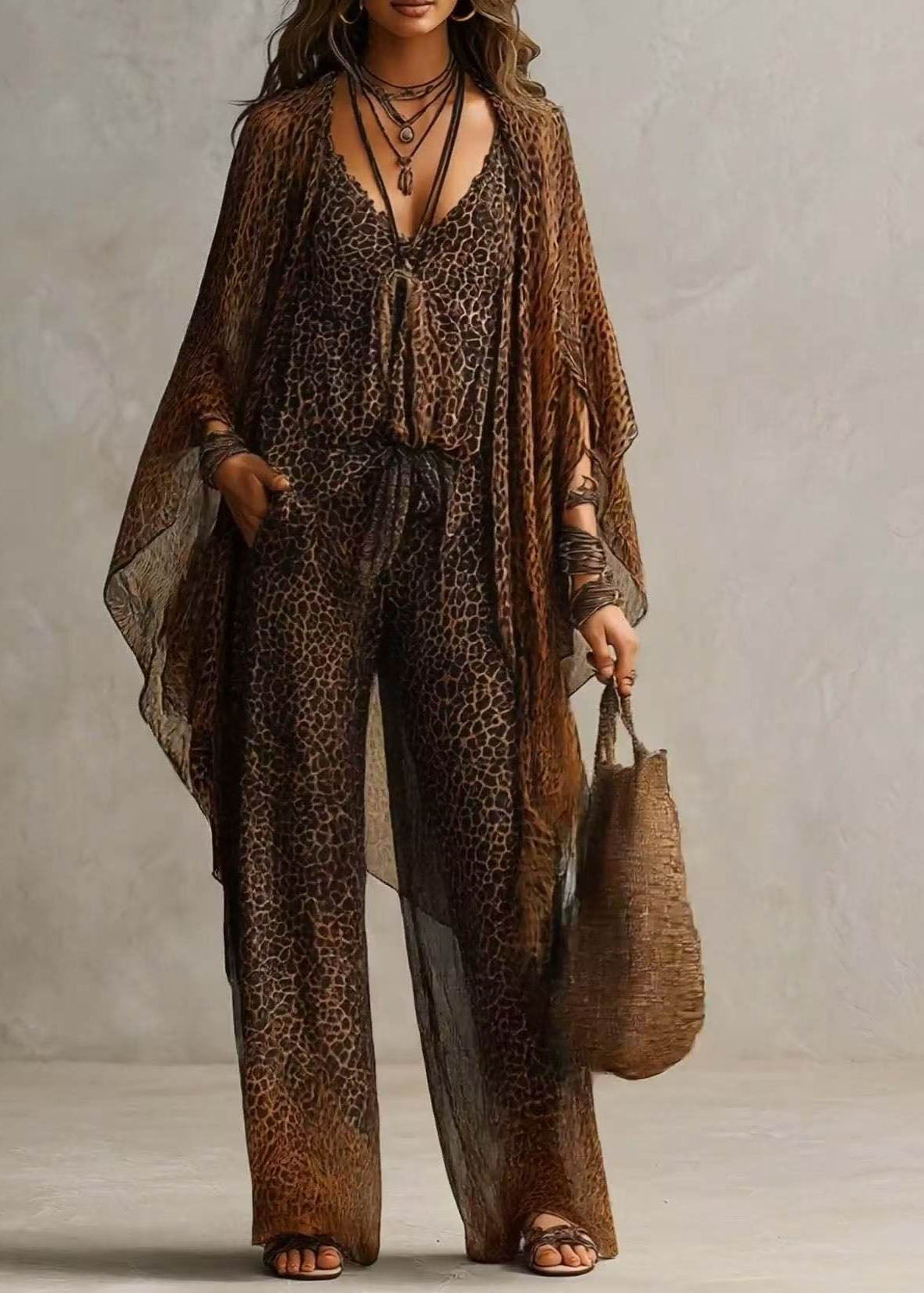 Dames Tweedelige Jumpsuit Met Lange Mouwen Casual Luipaardprint 1