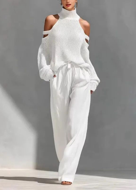 Dames Tweedelige Set Coltrui met Koude Schouder en Wijde Broek 2