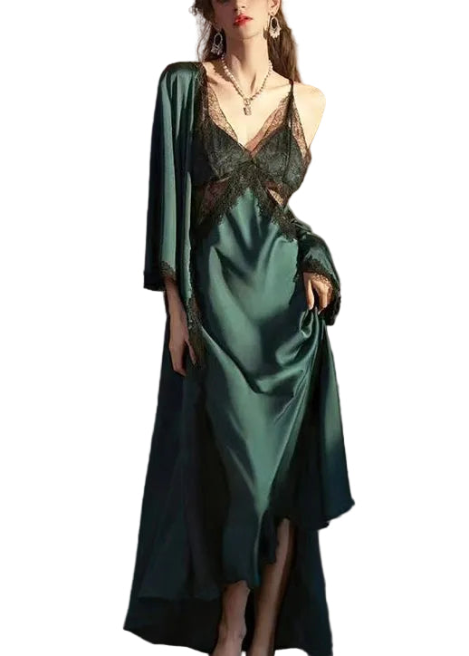 Dames Tweedelige Set Comfy Met Rugloze Slip en Badjas in Patchwork Kant 0