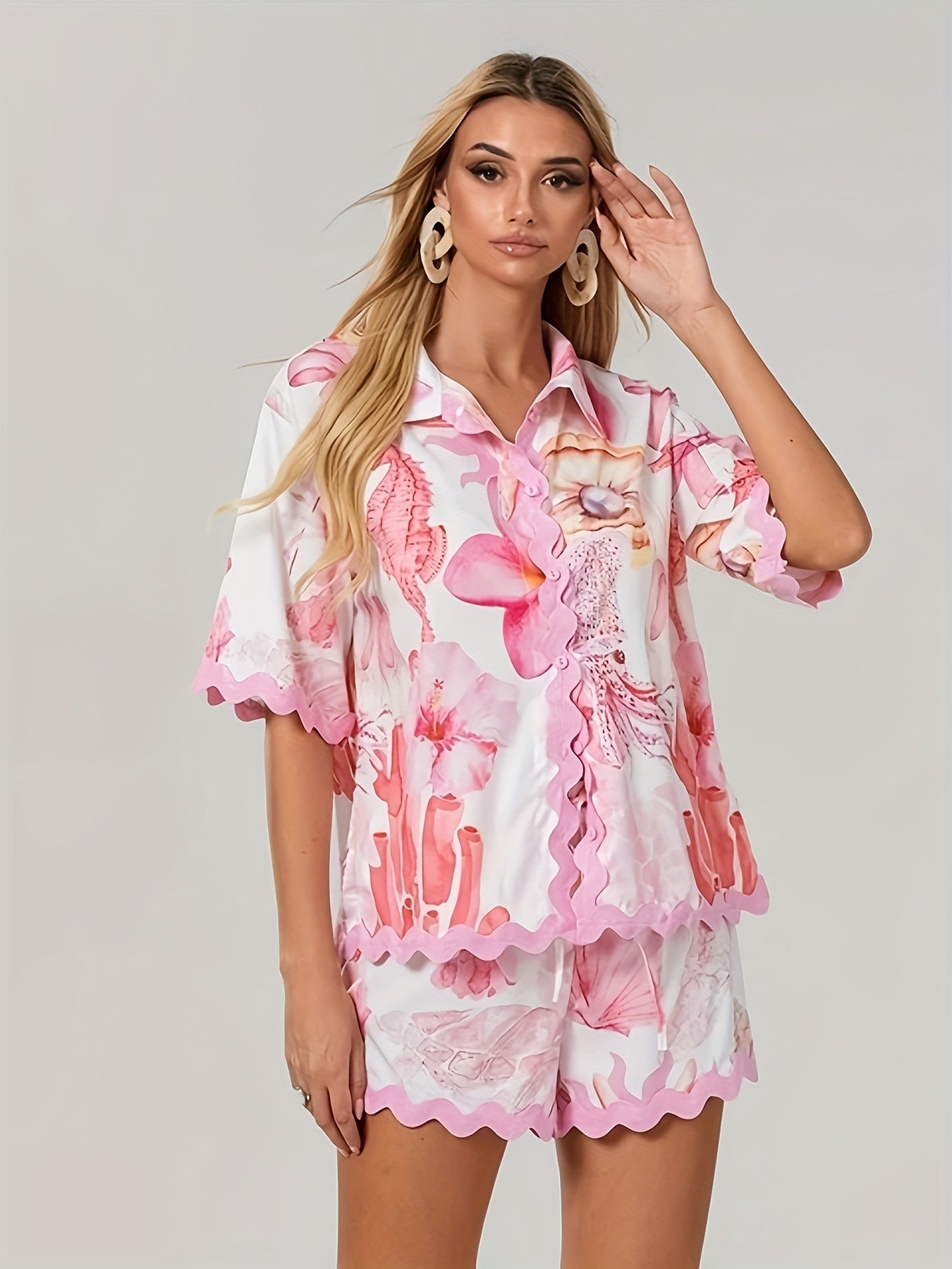 Dames Tweedelige Set Overhemd en Short Comfy Mediterrane Print 3