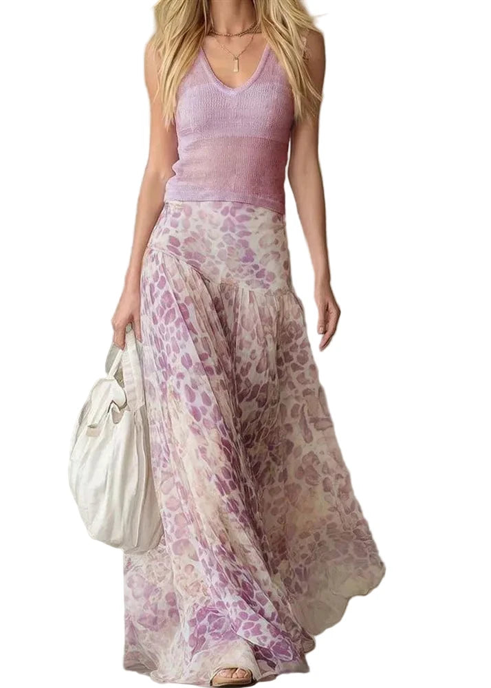 Dames Tweedelige Set V-hals Top en Maxi Rok Zomerstijl 0
