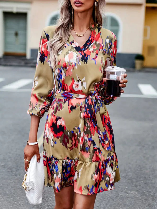 Dames V-hals Lange Jurk Geprinte Tailleband Polyester Zomer Kleding 1