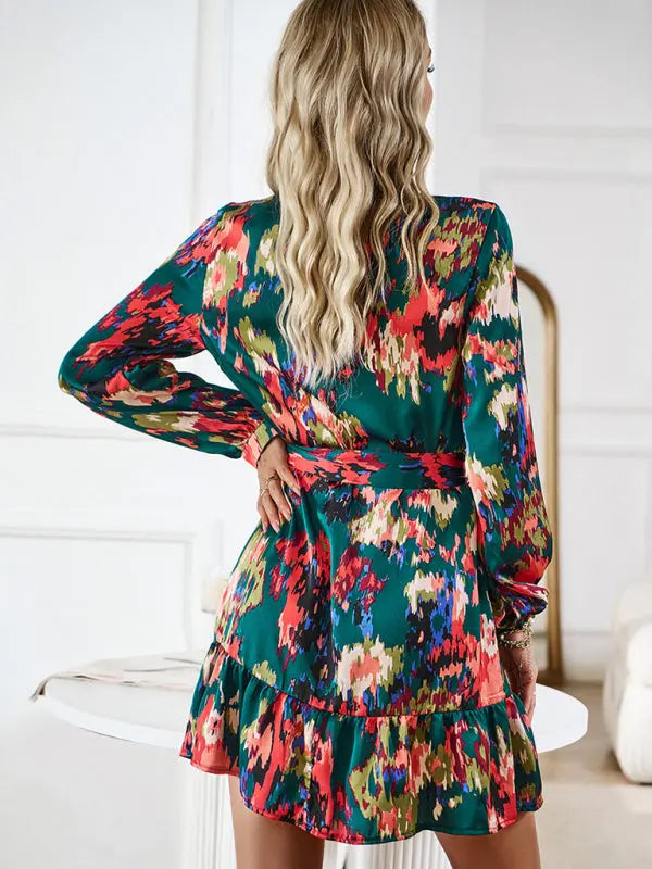 Dames V-hals Lange Jurk Geprinte Tailleband Polyester Zomer Kleding 8