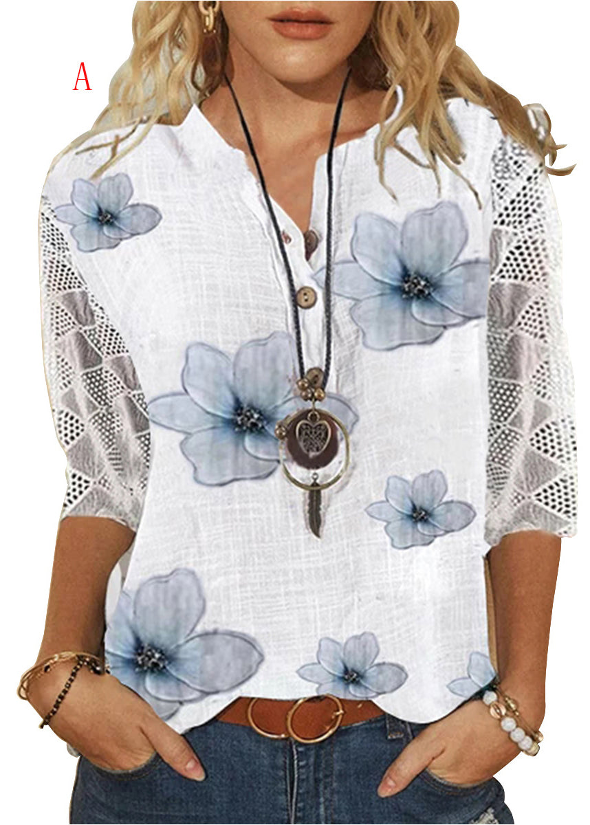 Dames V-hals Shirt met Print en Kant 0
