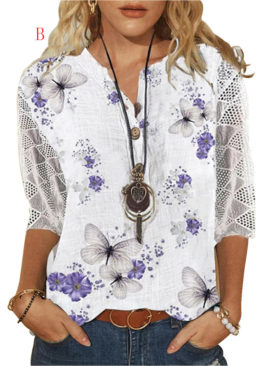Dames V-hals Shirt met Print en Kant 1