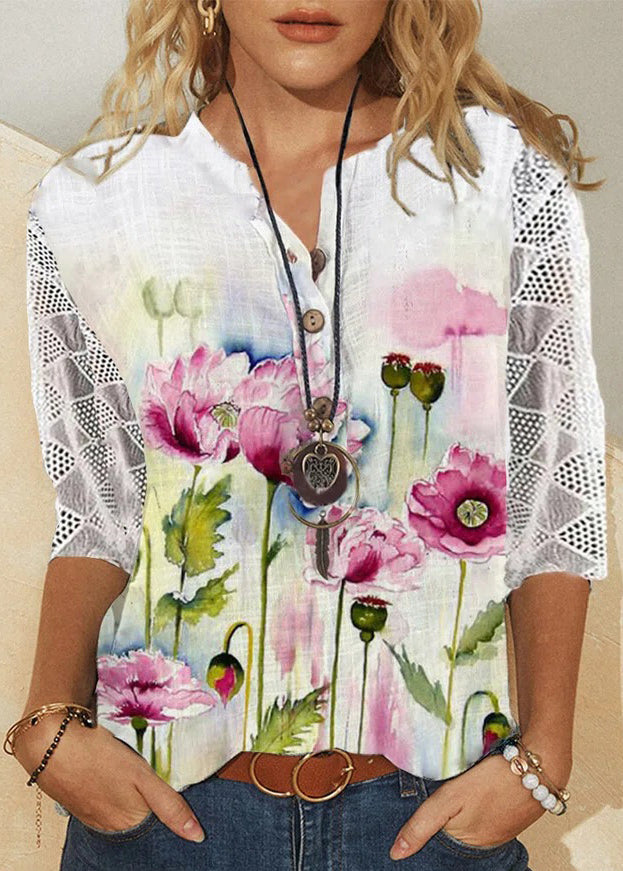 Dames V-hals Shirt met Print en Kant 4