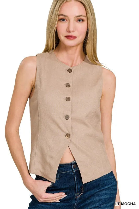 Dames Vest Button-Down Linnen Ademend Met Zakken 0