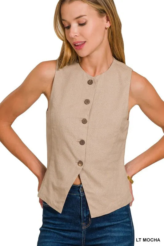 Dames Vest Button-Down Linnen Ademend Met Zakken 1