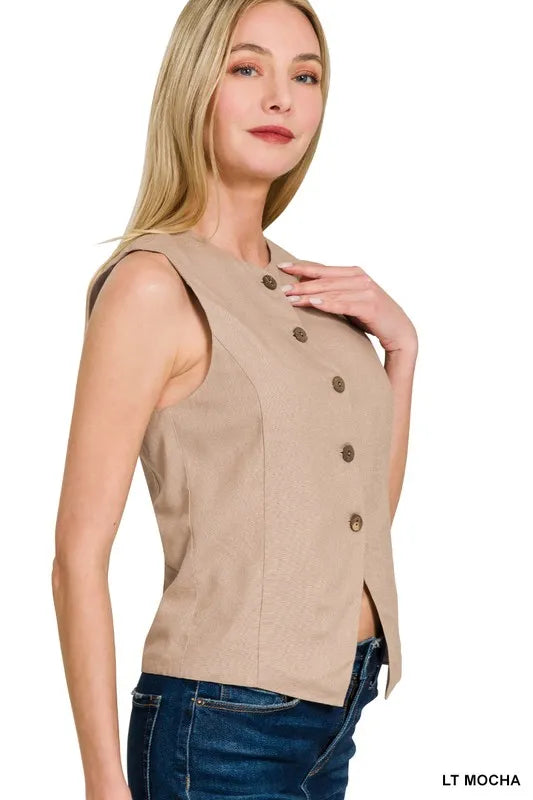 Dames Vest Button-Down Linnen Ademend Met Zakken 2