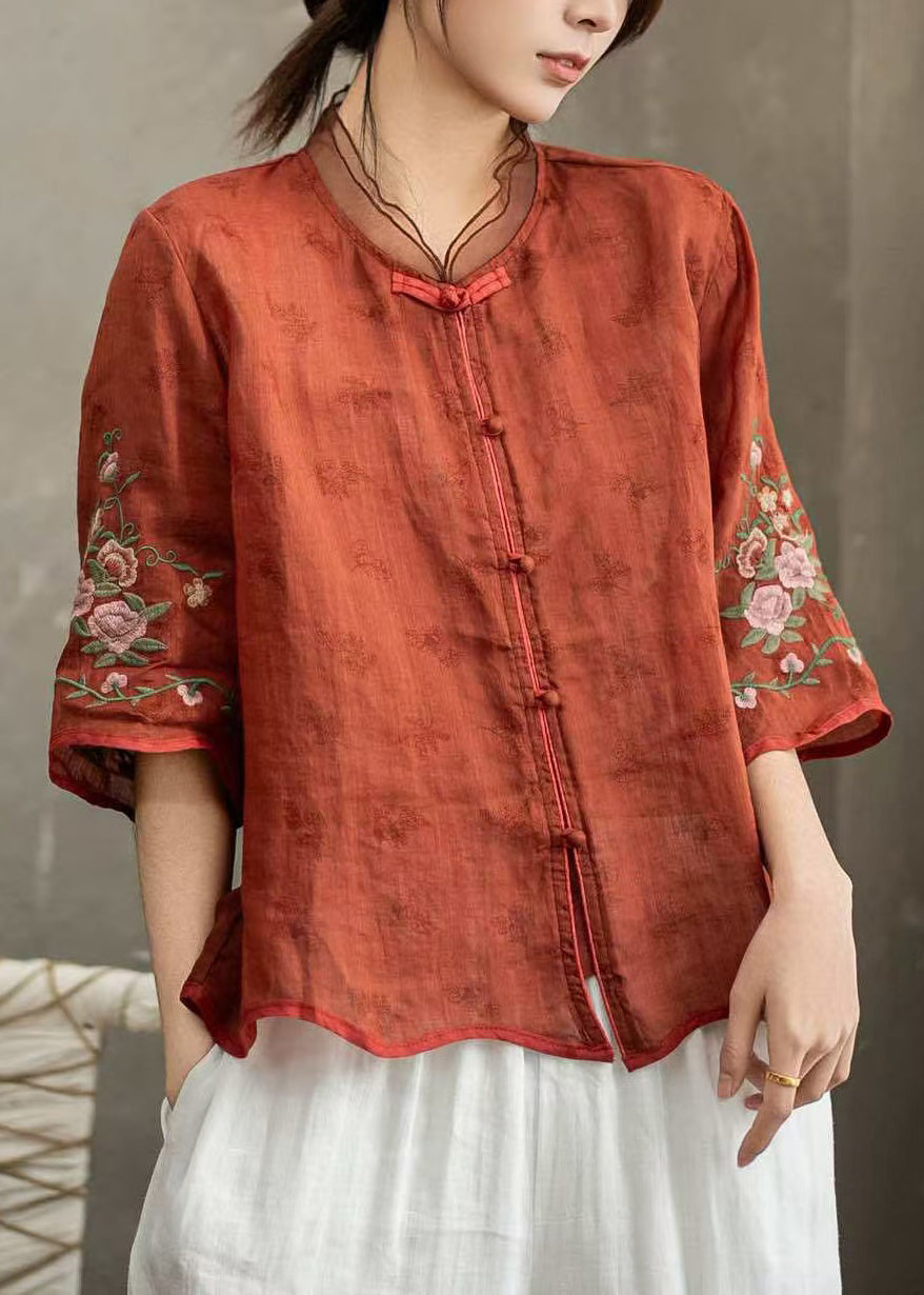 Dames Vintage Blouse met Chinese Knopen en Halve Mouwen 1