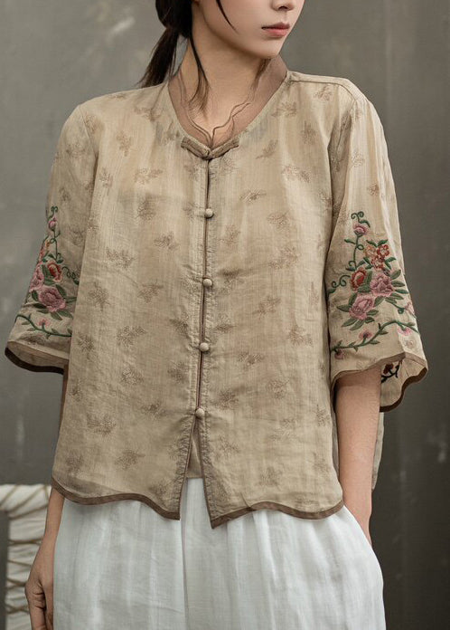 Dames Vintage Blouse met Chinese Knopen en Halve Mouwen 2