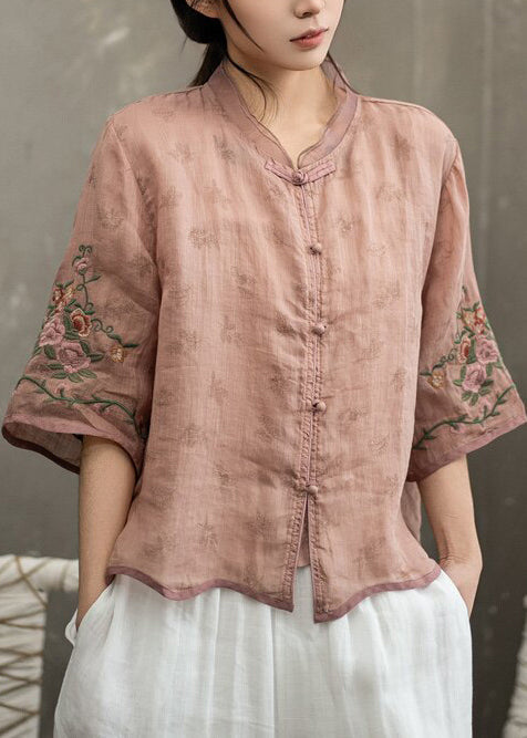 Dames Vintage Blouse met Chinese Knopen en Halve Mouwen 3
