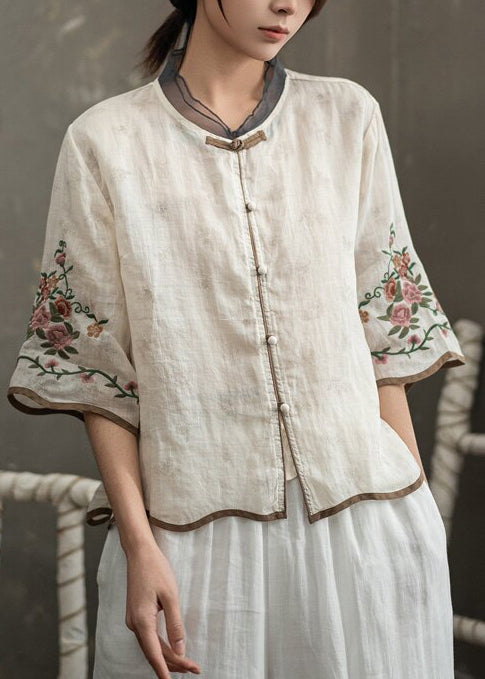 Dames Vintage Blouse met Chinese Knopen en Halve Mouwen 4