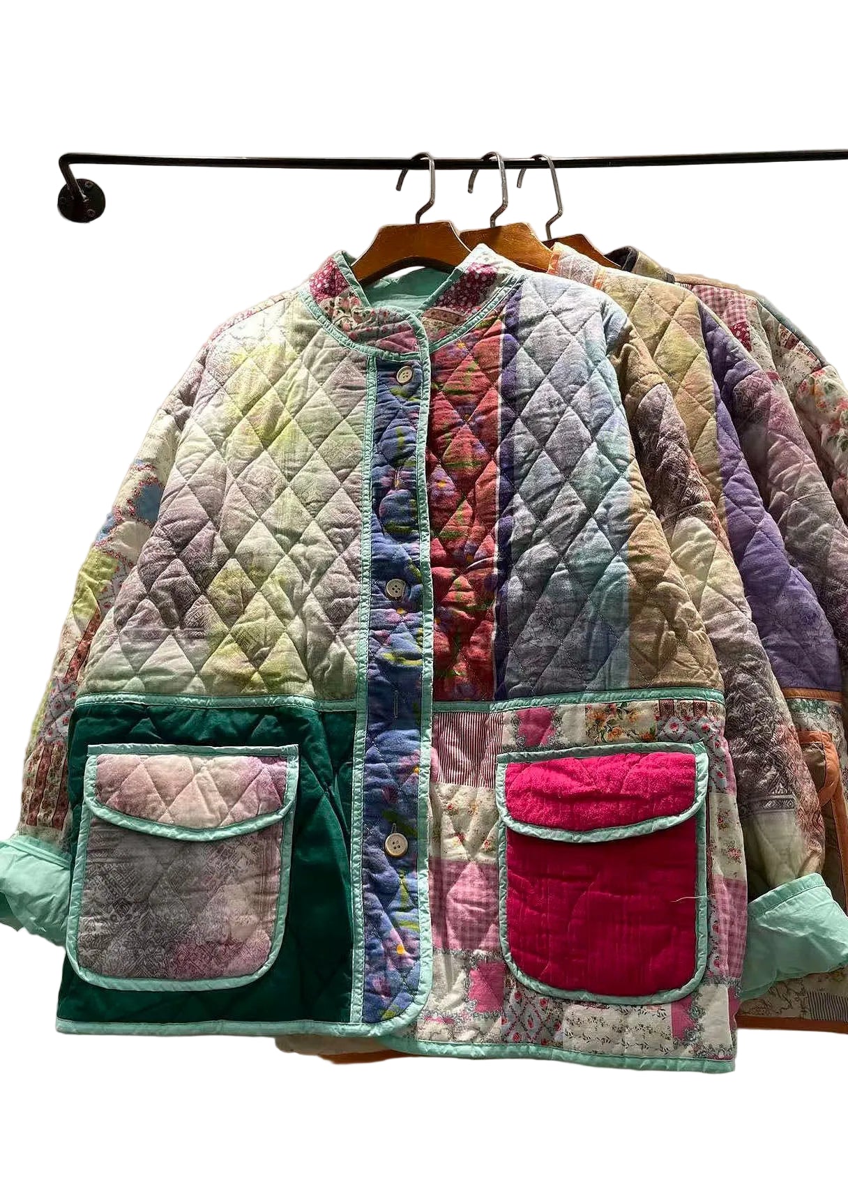 Dames Winterjas Patchwork Stijlvol Met Zakkenprint 0