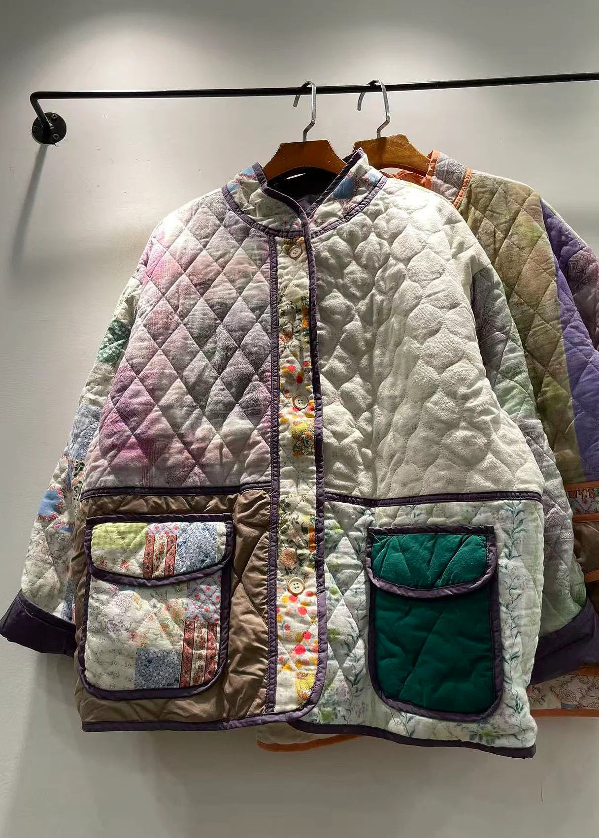 Dames Winterjas Patchwork Stijlvol Met Zakkenprint 1