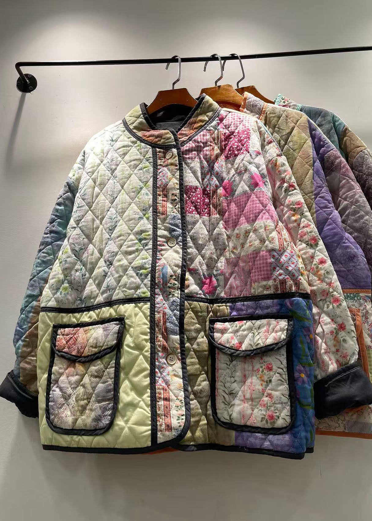 Dames Winterjas Patchwork Stijlvol Met Zakkenprint 2