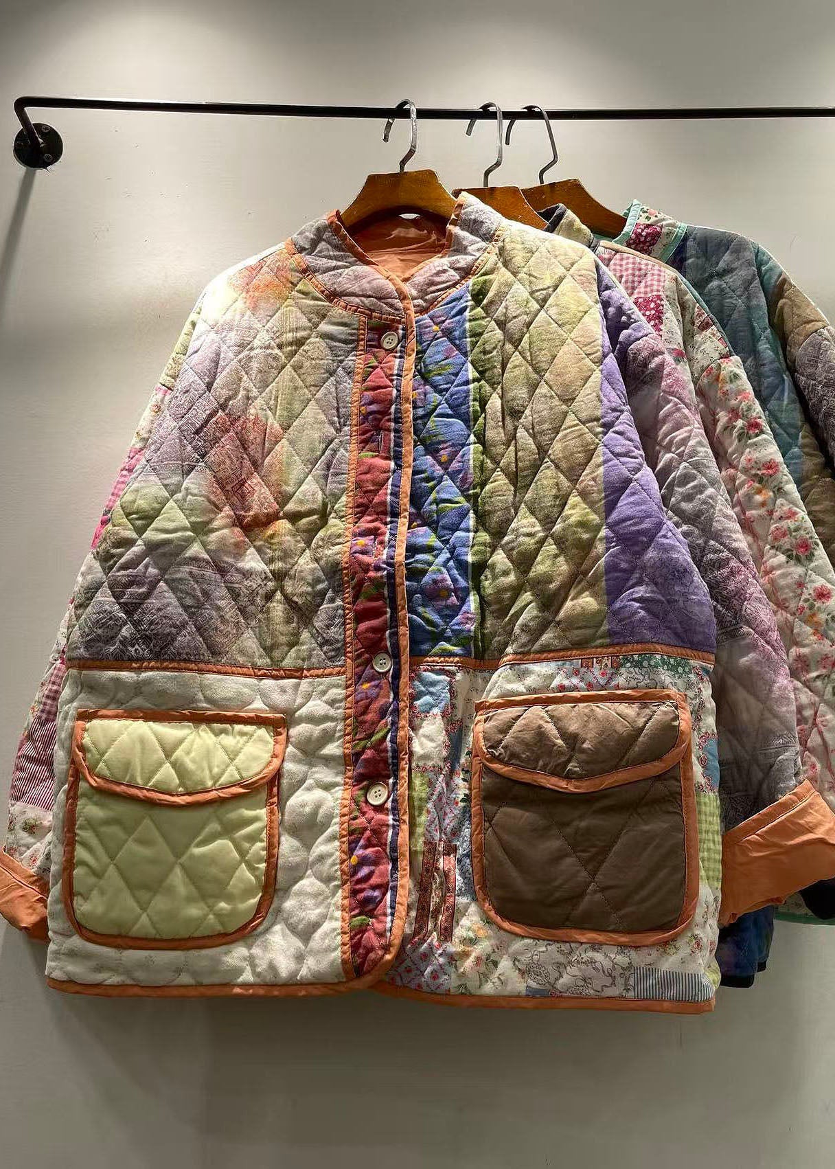 Dames Winterjas Patchwork Stijlvol Met Zakkenprint 3