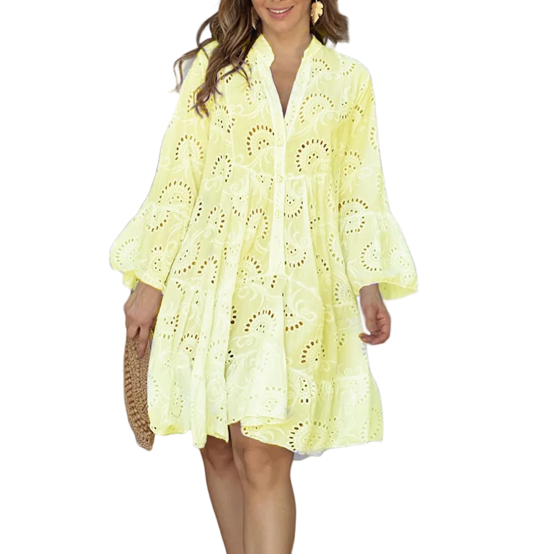 Dames Zomerjurk Ajour Design Met Driekwartmouwen V-hals Knielang 0