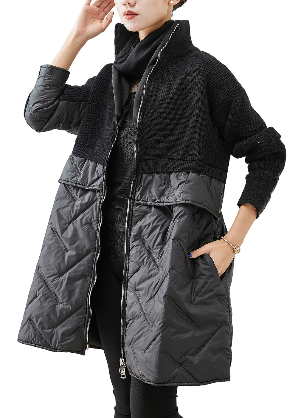 Dames Zwarte Gebreide Jas met Rits en Patchwork 0