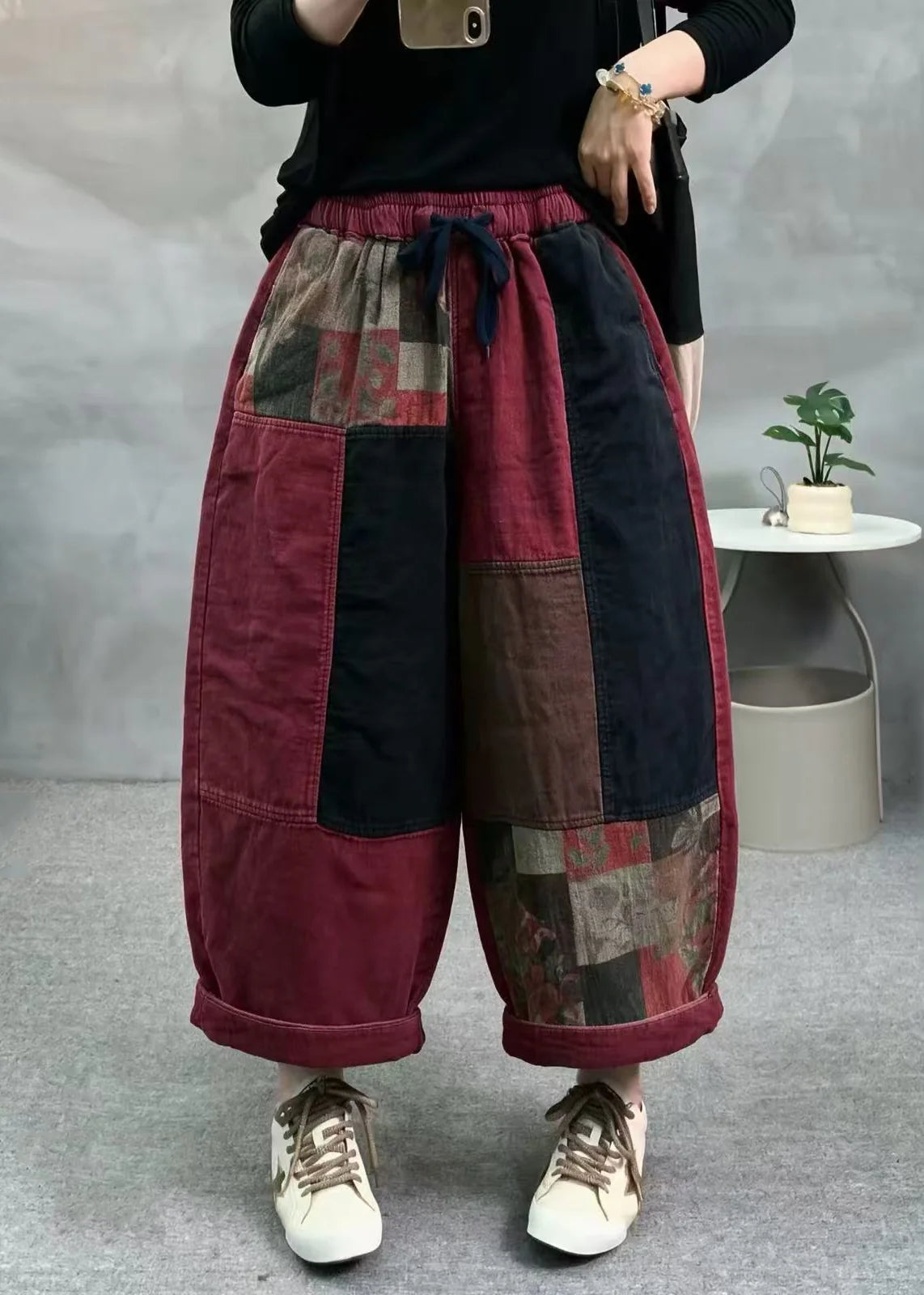 Dames casual crop broek patchwork stijl met elastische tailleband 1
