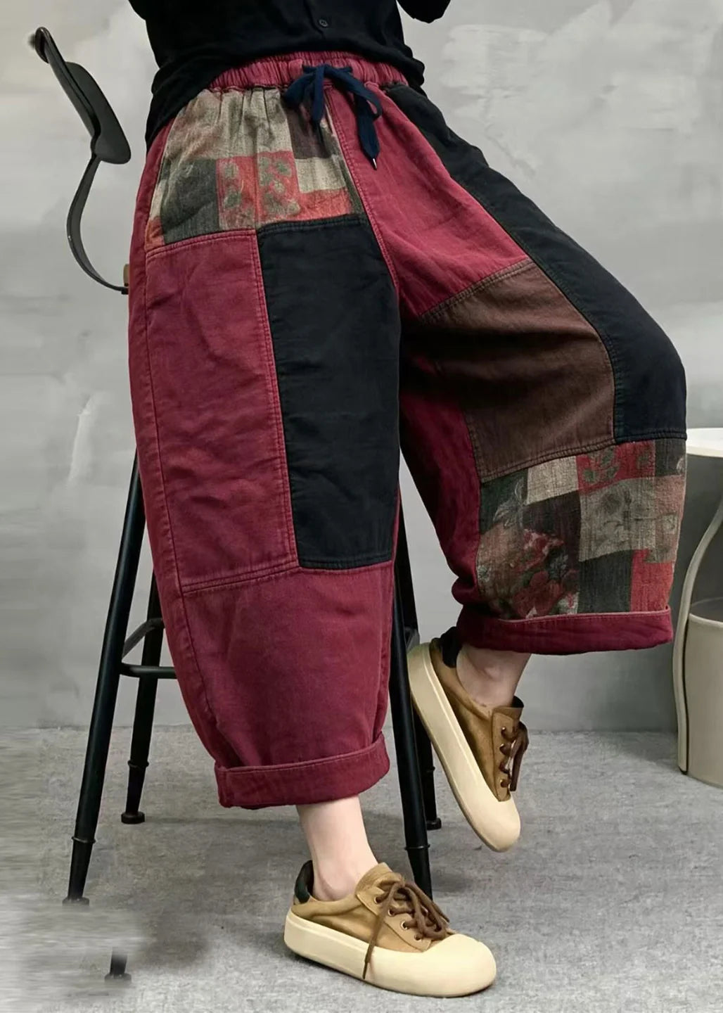 Dames casual crop broek patchwork stijl met elastische tailleband 3