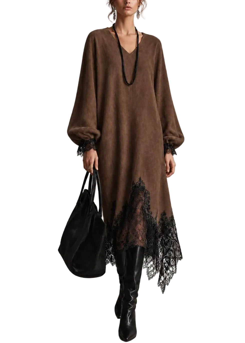Dames jurk asymmetrisch kant patchwork herfststijl 0
